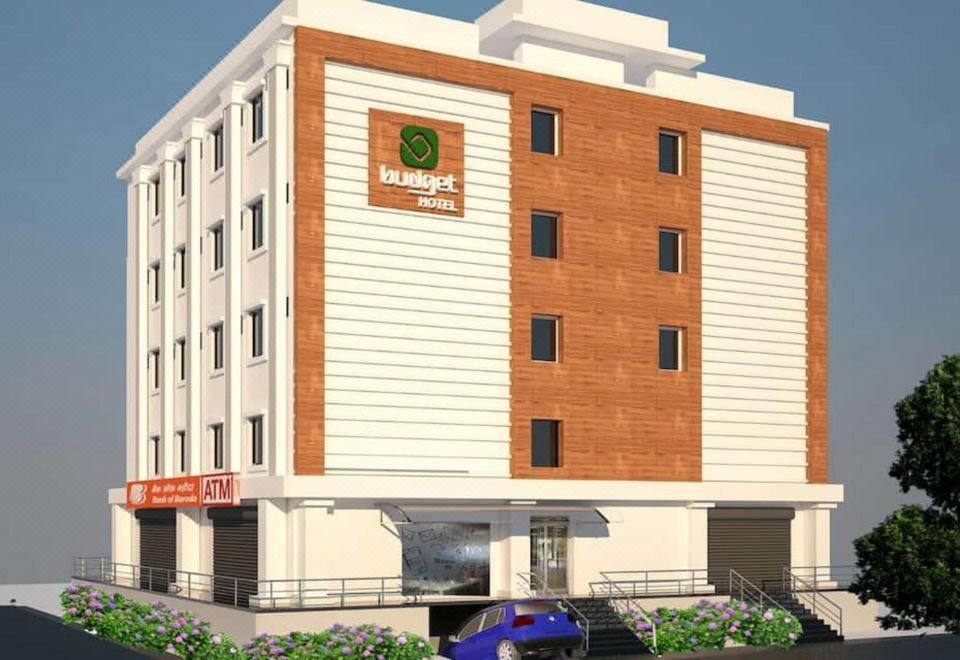 a 3 d rendering of a tall , modern hotel building with a parking lot in front at Budget Hotel