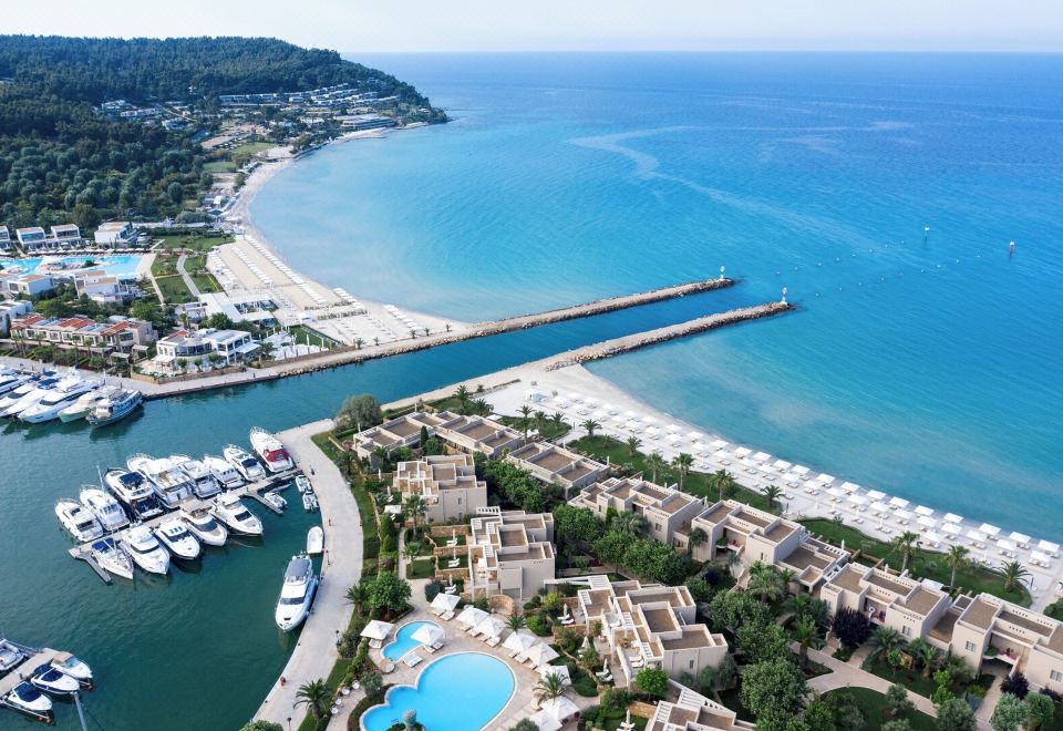 aerial view of a marina with boats docked in the water and a city in the background at Sani Beach