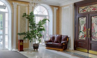 a luxurious hotel lobby with a leather couch , potted plant , and large windows decorated with gold doors at Hotel Europe
