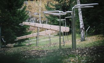 a playground with a slide and monkey bars in a grassy area , surrounded by trees at Yasuragi