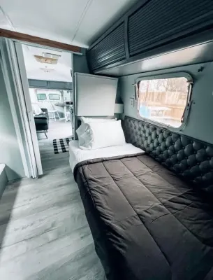 Playin Hookie! Vintage Airstream pulled by Panel Wagon/ converted to a bedroom.