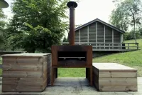 Scandinavian chalet in lush greenery and forest ...