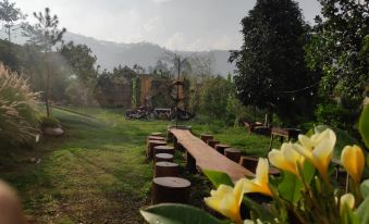 a mountainous landscape with a wooden bench and bicycle in the foreground , surrounded by green grass and trees at Van House