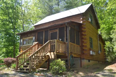 Cozy Pet Friendly Mountain Log Cabin in the Smokies with Deck and fire pit.