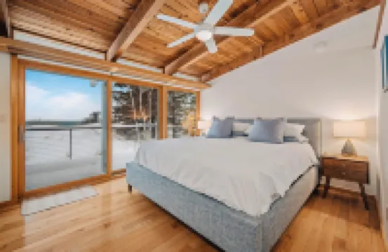 Midcentury home, private beach, large deck with dining