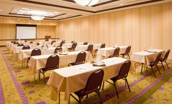 a conference room with rows of chairs and tables , a projector screen at the front , and a ceiling with lights at DoubleTree by Hilton Front Royal Blue Ridge Shadows