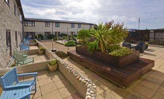 a courtyard with a variety of plants and flowers , as well as a wooden planter filled with rocks at Heights Hotel