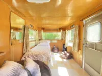 Vintage wood paneled travel trailer on Kernville Ranch with horses and hot tub Hotels in Kernville