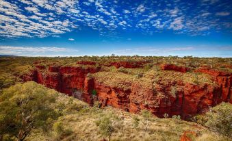 a breathtaking view of a red rock canyon with trees and blue skies in the background at Karijini Eco Retreat
