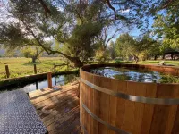Vintage wood paneled travel trailer on Kernville Ranch with horses and hot tub Hotels in Kernville