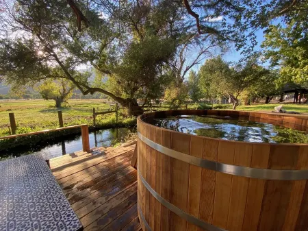 Vintage wood paneled travel trailer on Kernville Ranch with horses and hot tub Отели рядом с достопримечательностью «оз. Изабелла»