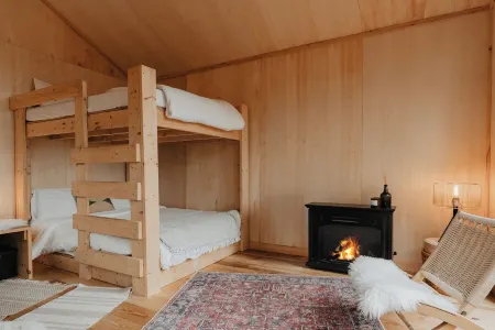 Tiny cabin amongst trees on a farm with alpacas