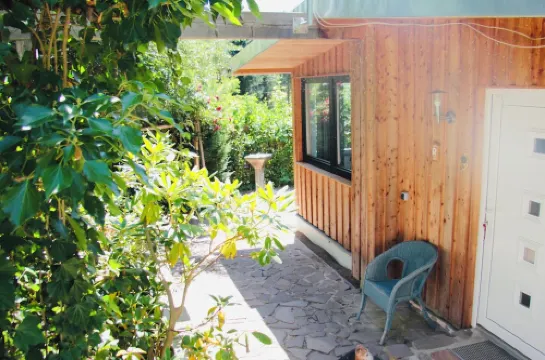 Modernly Furnished Bungalow with Fireplace, Surrounded by Greenery.