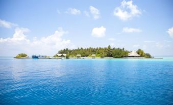 a tropical island with a clear blue ocean and white buildings , surrounded by lush greenery at Makunudu Island
