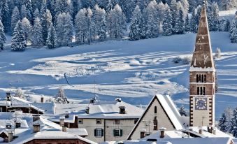 a snow - covered village with a church and trees in the background , creating a serene winter landscape at Hotel Alpino