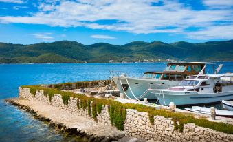 a picturesque view of a boat docked on the shore , surrounded by lush greenery and mountains in the background at Aminess Grand Azur Hotel