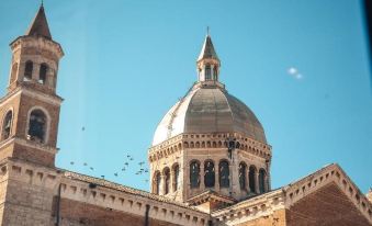 a large , domed building with a pointed top and an ornate tower is surrounded by birds at Alba Palace Hotel