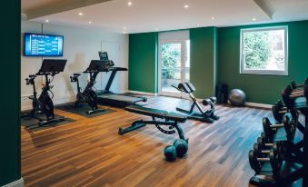 a well - equipped gym with various exercise equipment , including a treadmill , weights , and an elliptical machine at Pentahotel Wiesbaden