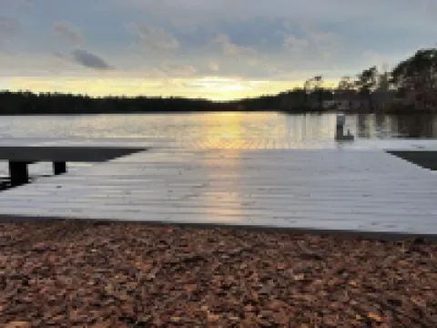 Waterfront Bungalow Nightly Panoramic View of Our Illuminated Covered Bridge