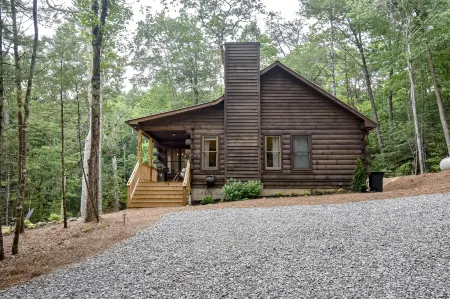 Dog-friendly cabin with covered porch, patio, firepit, fireplace, & grill