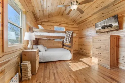 Pet-Friendly Peaceful Cabin Near River w/ Fire Pit + Hot Tub Sleeps 14