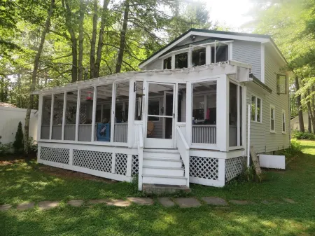 Screen Porch with see thru roof, BQ, 30' from sandy beach,  canoe and 3 kayaks