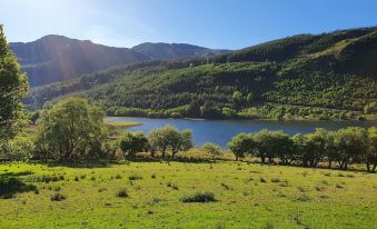 a serene landscape of a lake surrounded by lush green grass and trees , with mountains in the background at The Fairy Falls Hotel