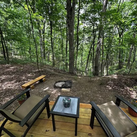 Charming A-frame cabin set in the woods overlooking deep wooded ravines.