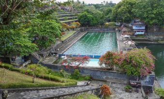 a large swimming pool surrounded by a stone wall , with trees and flowers in the background at favehotel Langko Mataram - Lombok