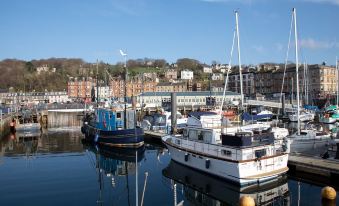 a harbor with several boats docked , including a sailboat and a motorboat , near the shore at Kennels