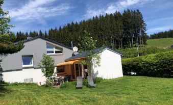 a house with a wooden deck and chairs is surrounded by green grass and trees at Mimi