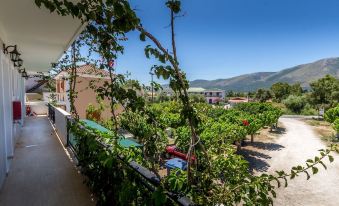 a balcony with a view of a fruit garden and mountains in the background , under a clear blue sky at Thetis