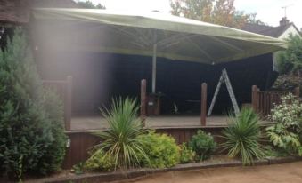 a large green umbrella is set up in a yard with trees and plants nearby at The Eight Bells