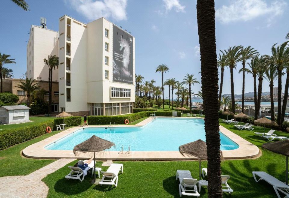 a large outdoor swimming pool surrounded by palm trees , with several lounge chairs and umbrellas placed around the pool area at Parador de Javea