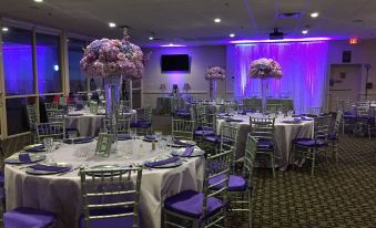 a banquet hall with purple and white decorations , including chairs and tables , set for a formal event at Stadium Hotel