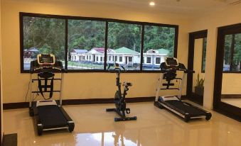 a well - equipped home gym with various exercise equipment , including treadmills and weight machines , arranged around a large window at Saigon-Ba Be Resort