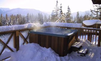 a hot tub surrounded by snow - covered ground and trees , creating a serene and picturesque scene at Whispering Pines