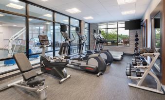 a well - equipped gym with various exercise equipment , including treadmills , ellipticals , and stationary bikes , positioned near large windows that offer views at Courtyard Pittsburgh Washington/Meadow Lands