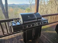 Log Cabin with Mountain Views: Hot Tub, Game Room, Fenced Yard