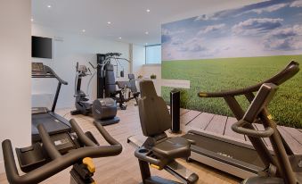 a well - equipped gym with various exercise equipment , including treadmills , stationary bikes , and weight machines , positioned against a backdrop of a landscape at NH Padova