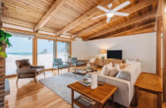Midcentury home, private beach, large deck with dining