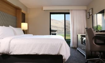 a well - lit hotel room with a large bed , white sheets , and a view of a mountainous landscape at Holiday Inn Clarkston - Lewiston