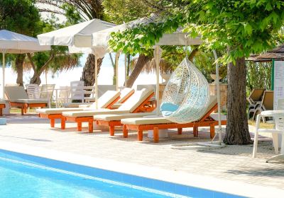 a group of lounge chairs are lined up next to a pool with a hammock at Hotel Summery