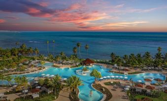 a large resort with a pool and palm trees overlooks the ocean at sunset , surrounded by palm trees and a pink sky at Hyatt Regency Grand Reserve Puerto Rico