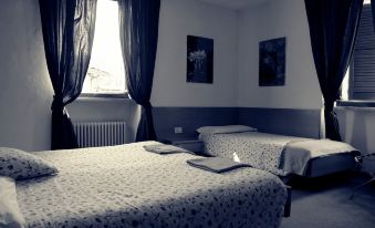 a room with two beds , one on the left and one on the right side of the room at Hotel Alpino