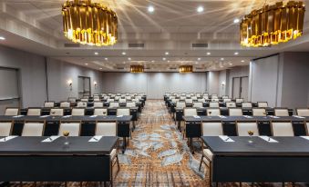 a large conference room with rows of chairs arranged in a semicircle , and a podium at the front of the room at Somerset Hills Hotel, Tapestry Collection by Hilton