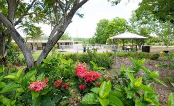 a lush green garden with red flowers , a gazebo , and a white house in the background at Hillview Motel