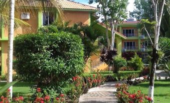 a lush green garden with a wooden walkway leading to a building , surrounded by trees and flowers at Oasis Resort