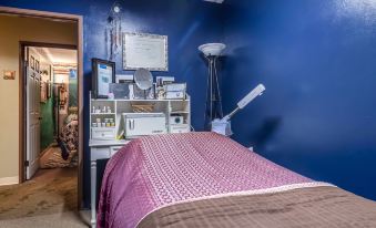 a cozy bedroom with a blue wall , a bed covered in a purple comforter , and various items on the bedside table at The Inn at GIG Harbor