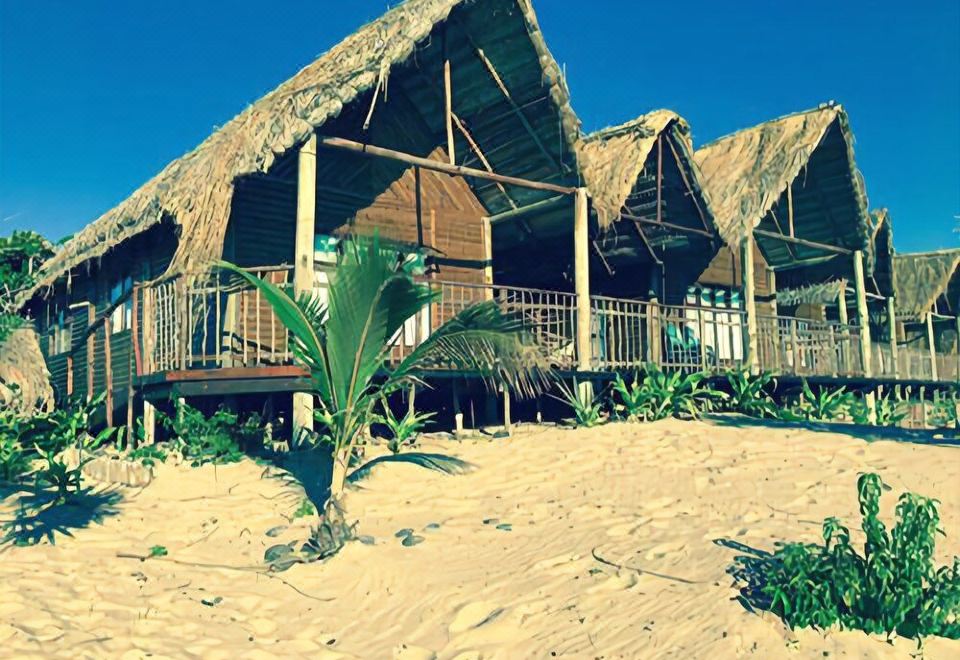 a group of wooden houses on a sandy beach , with palm trees in the background at White Sands